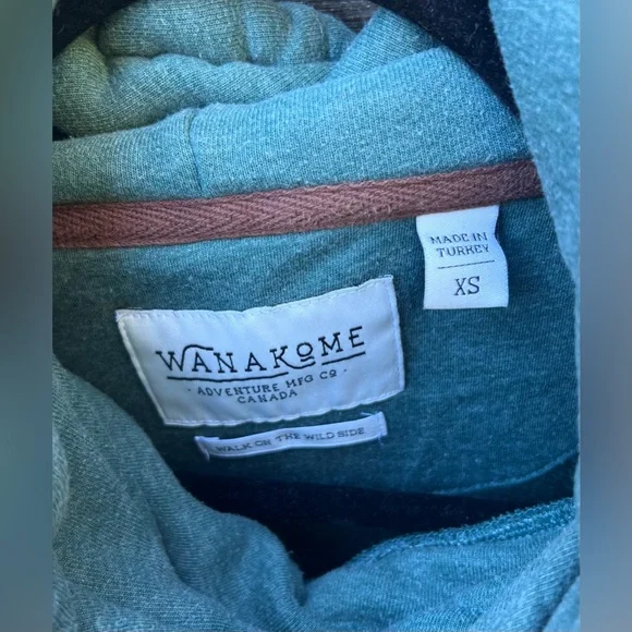 Wanakome Teal Pullover Sweatshirt Cowl Neck Brown Accents Rope Drawstring Pocket - Picture 6 of 8